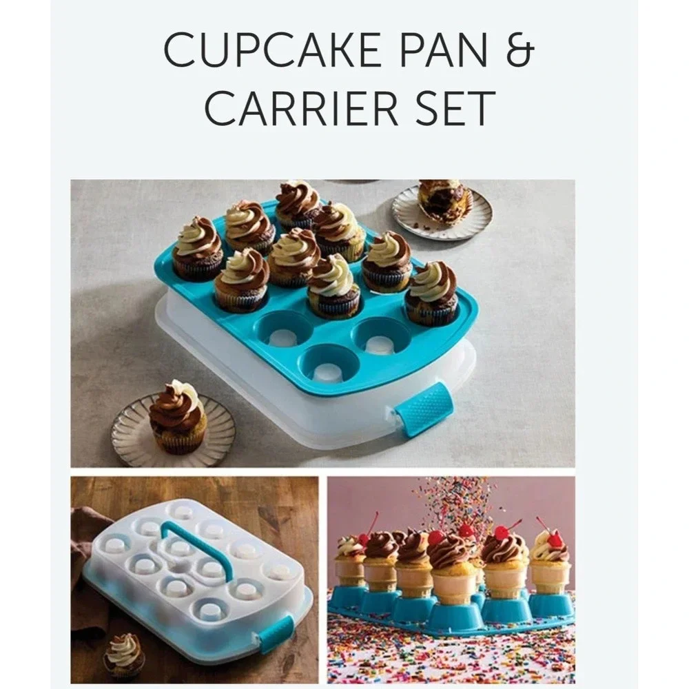Pampered Chef 12-Cup Cupcake Pan & Carrier Lid Set Blue/White Handle 101233